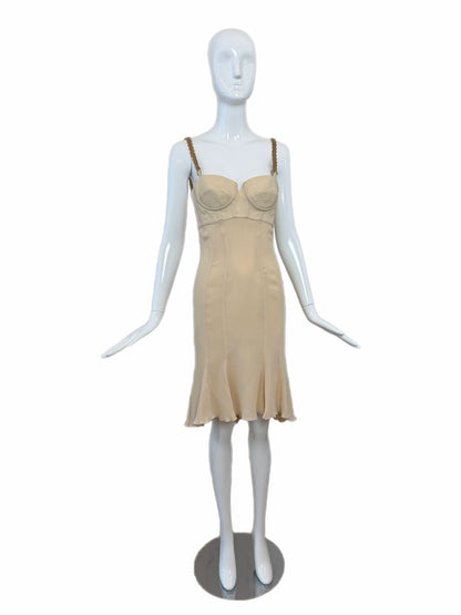 Versace 2007 Vintage Silk Beige Bustier Dress w. Gold Chain Hardware