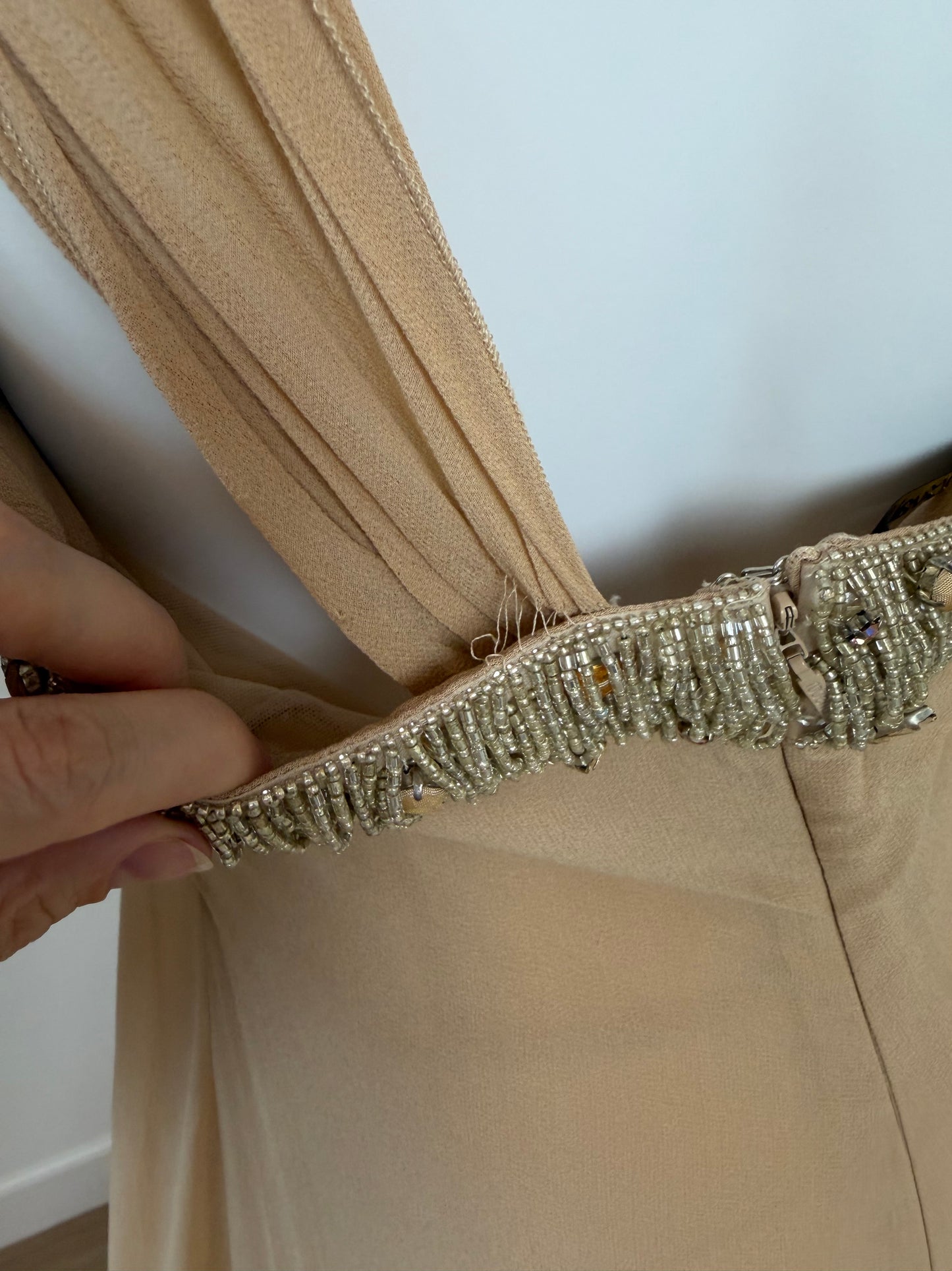ROBERTO CAVALLI 2012 Silk Chiffon Tan Embellished Grecian Gown w. Slit