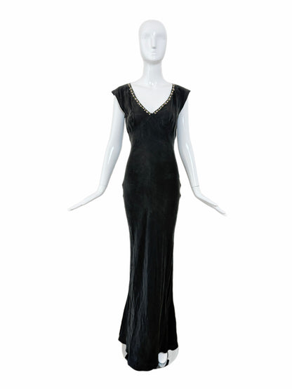 LES HABITUDES 90's Vintage Jet Black Floral Neckline Slip Gown