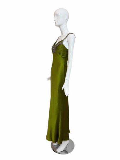 MONIQUE LHUILLIER 2005 Vintage Runway Green Silk Gown w. Crystals