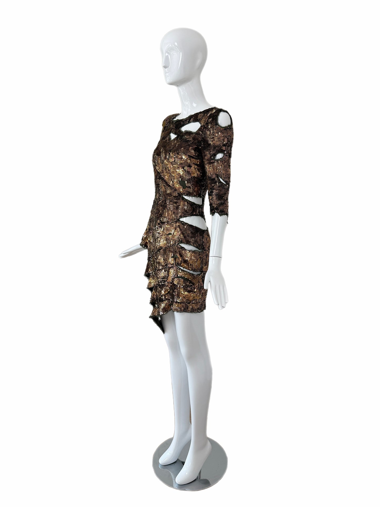 BALMAIN 2010 Vintage Runway Bronze Sequin Distressed Dress