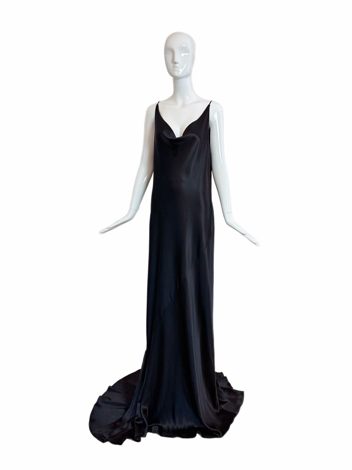 Les Habitudes 90's Vintage Black Liquid Satin Cowl Neck Evening Gown w. Train