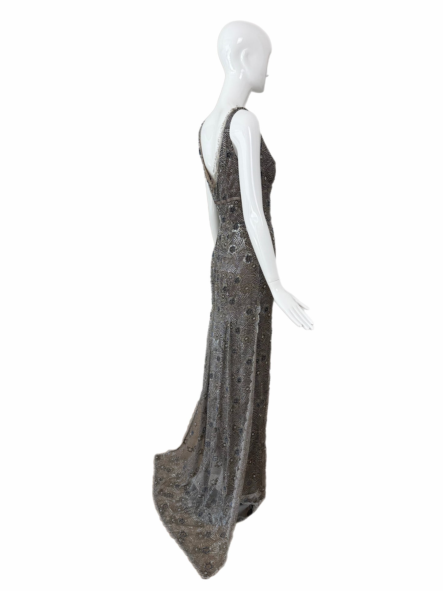 RANDOLPH DUKE 2005 Vintage Silver Floral Beaded Evening Gown w. Train