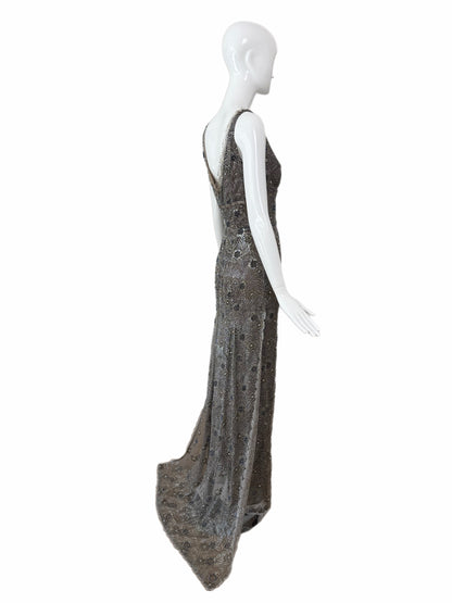 RANDOLPH DUKE 2005 Vintage Silver Floral Beaded Evening Gown w. Train