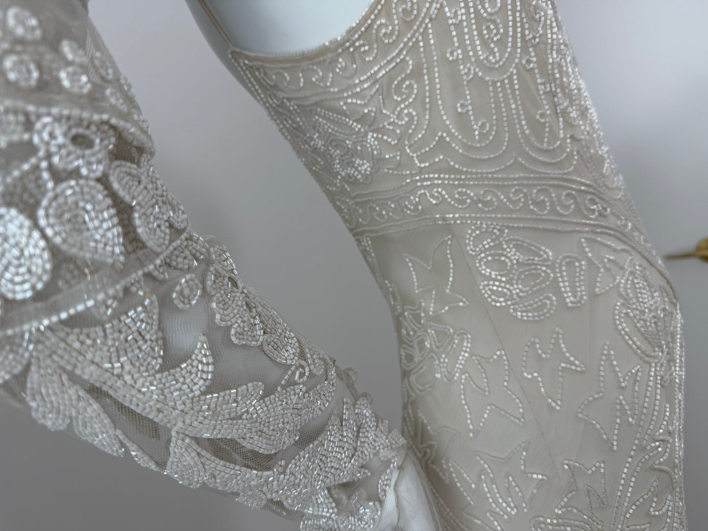 LES HABITUDES 90's Vintage Couture Hand Beaded Bridal Gown w. Gloves + Shawl