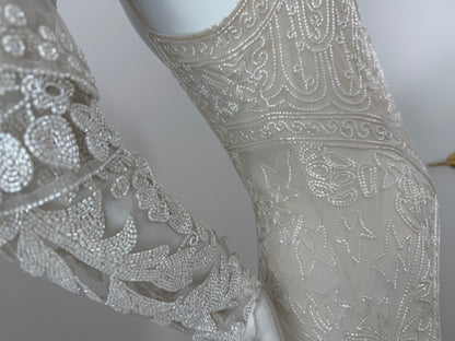 LES HABITUDES 90's Vintage Couture Hand Beaded Bridal Gown w. Gloves + Shawl