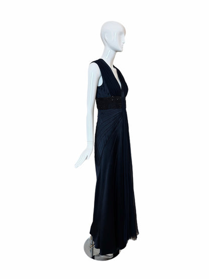 J. MENDEL Midnight Blue Silk w. Black Embellishments Evening Gown