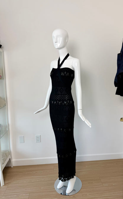 HERVE LEGER 90's Vintage Black Crystal Halter Wiggle Maxi Dress