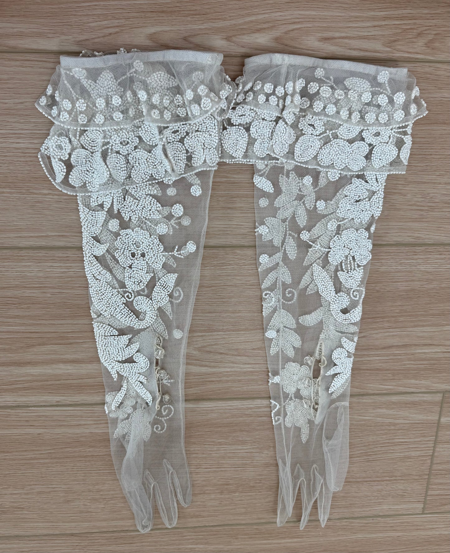 LES HABITUDES 90's Vintage Couture Hand Beaded Bridal Gown w. Gloves + Shawl