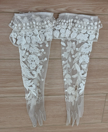LES HABITUDES 90's Vintage Couture Hand Beaded Bridal Gown w. Gloves + Shawl
