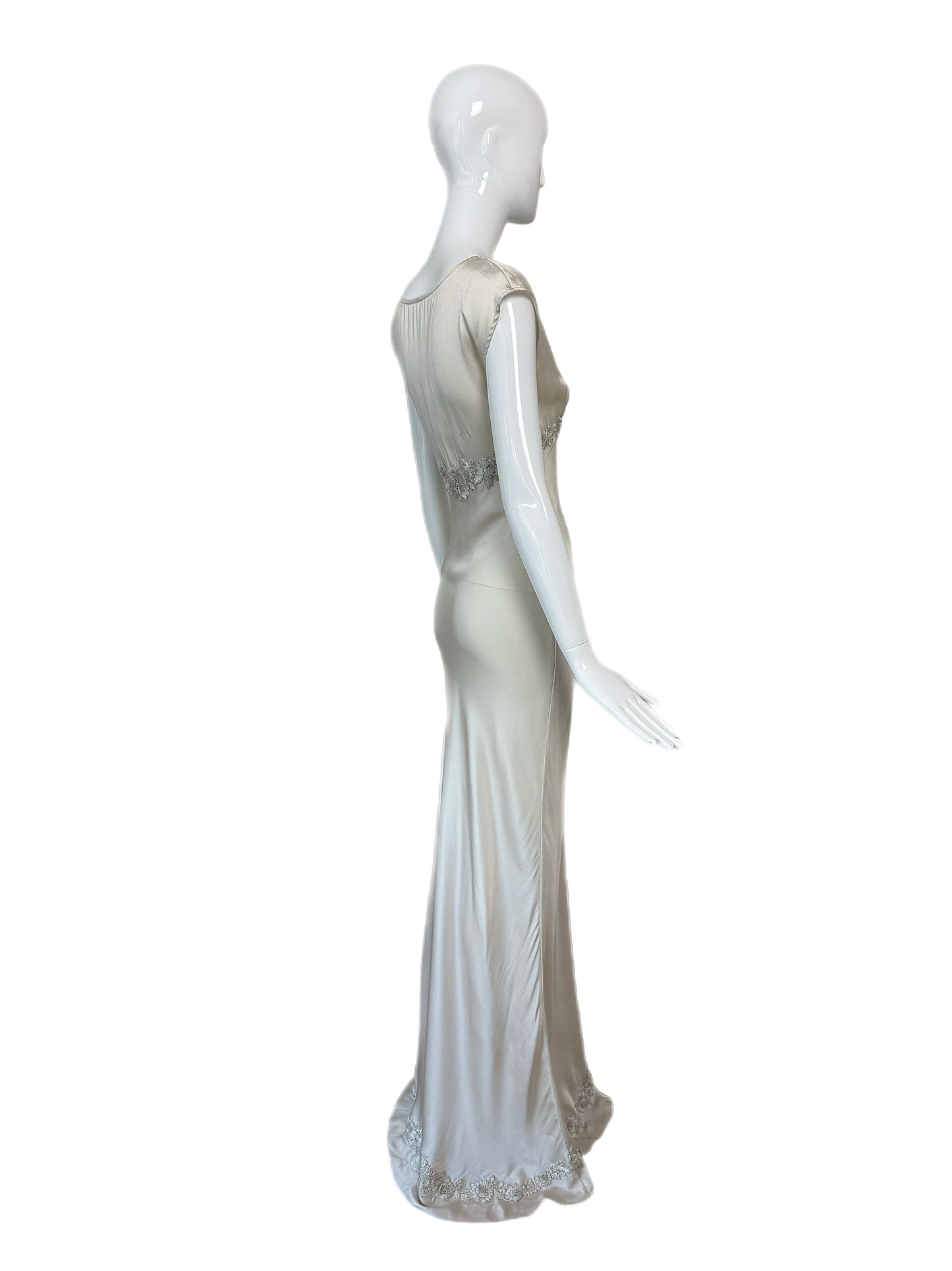LES HABITUDES 90's Vintage Silver Grey Satin Floral Hand Beaded Gown