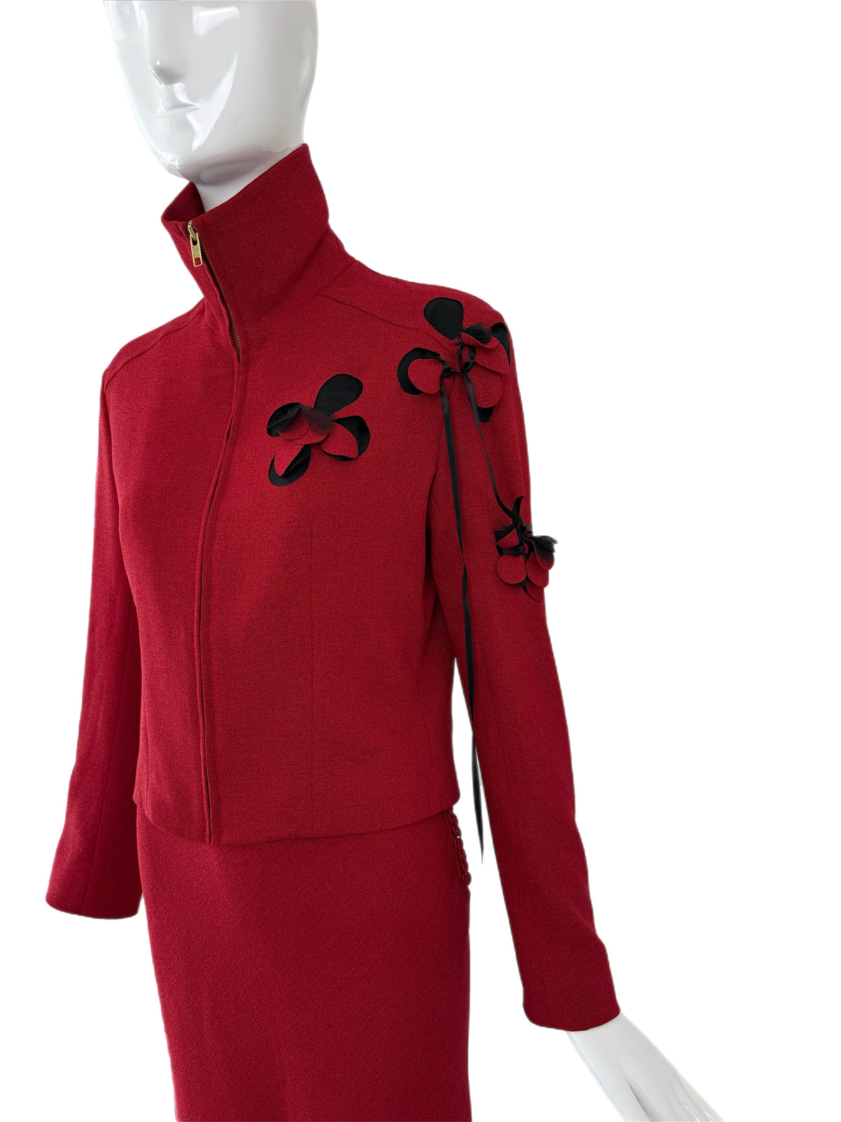 John Galliano 2001 Vintage Crimson Red Floral Motif Skirt Suit