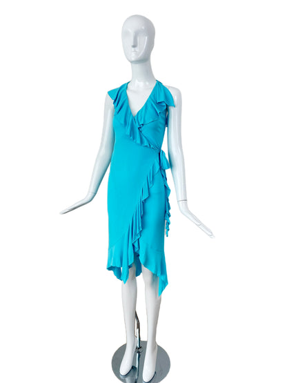 VERSACE 2004 Vintage Aqua Blue Ruffle Wrap Dress