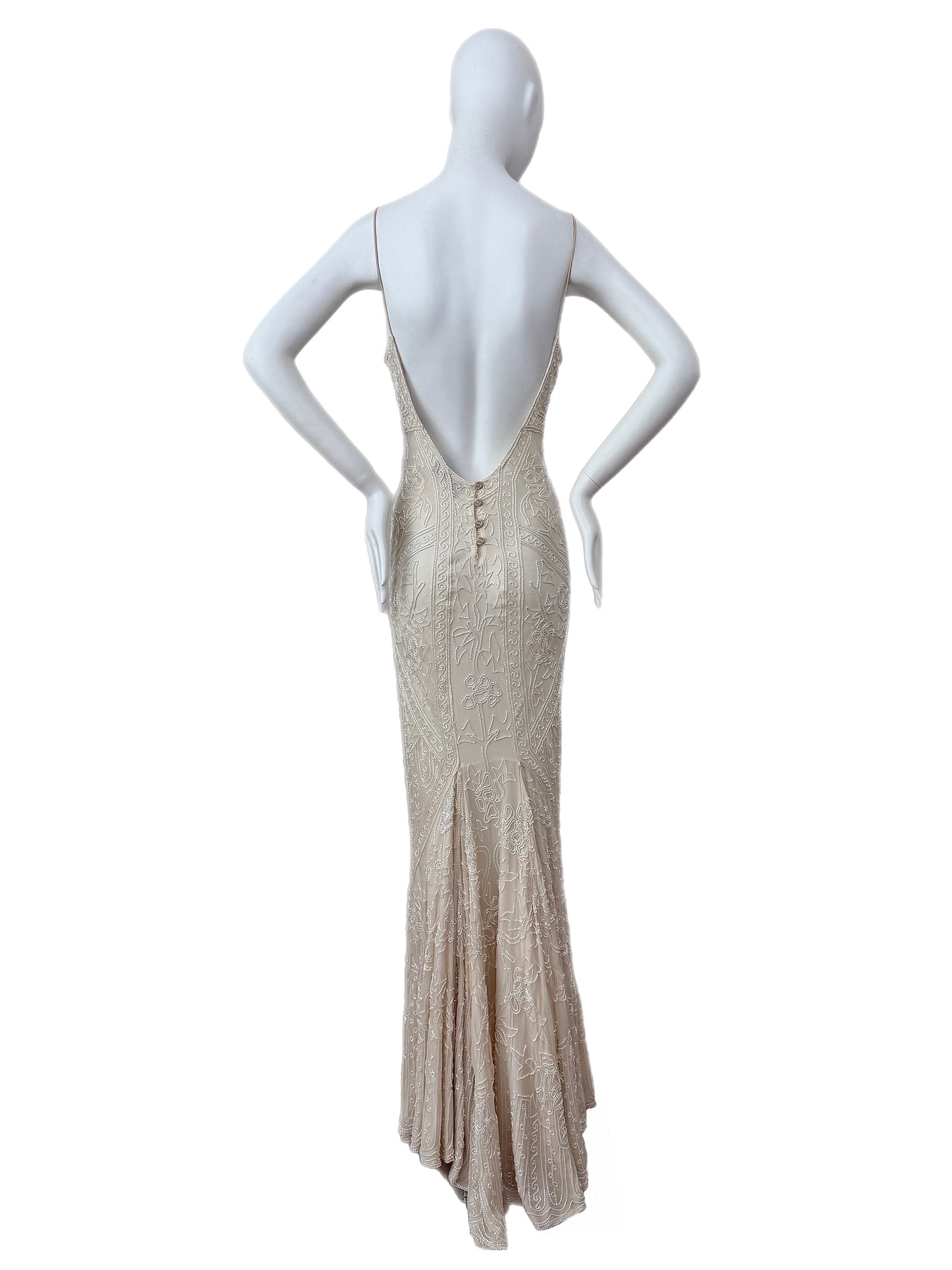 LES HABITUDES 90's Vintage Couture Hand Beaded Bridal Gown w. Gloves + Shawl
