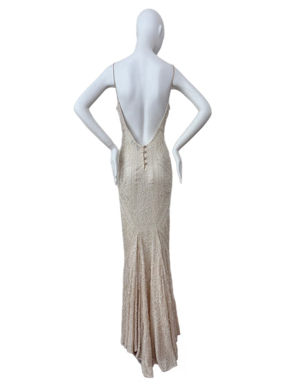 LES HABITUDES 90's Vintage Couture Hand Beaded Bridal Gown w. Gloves + Shawl
