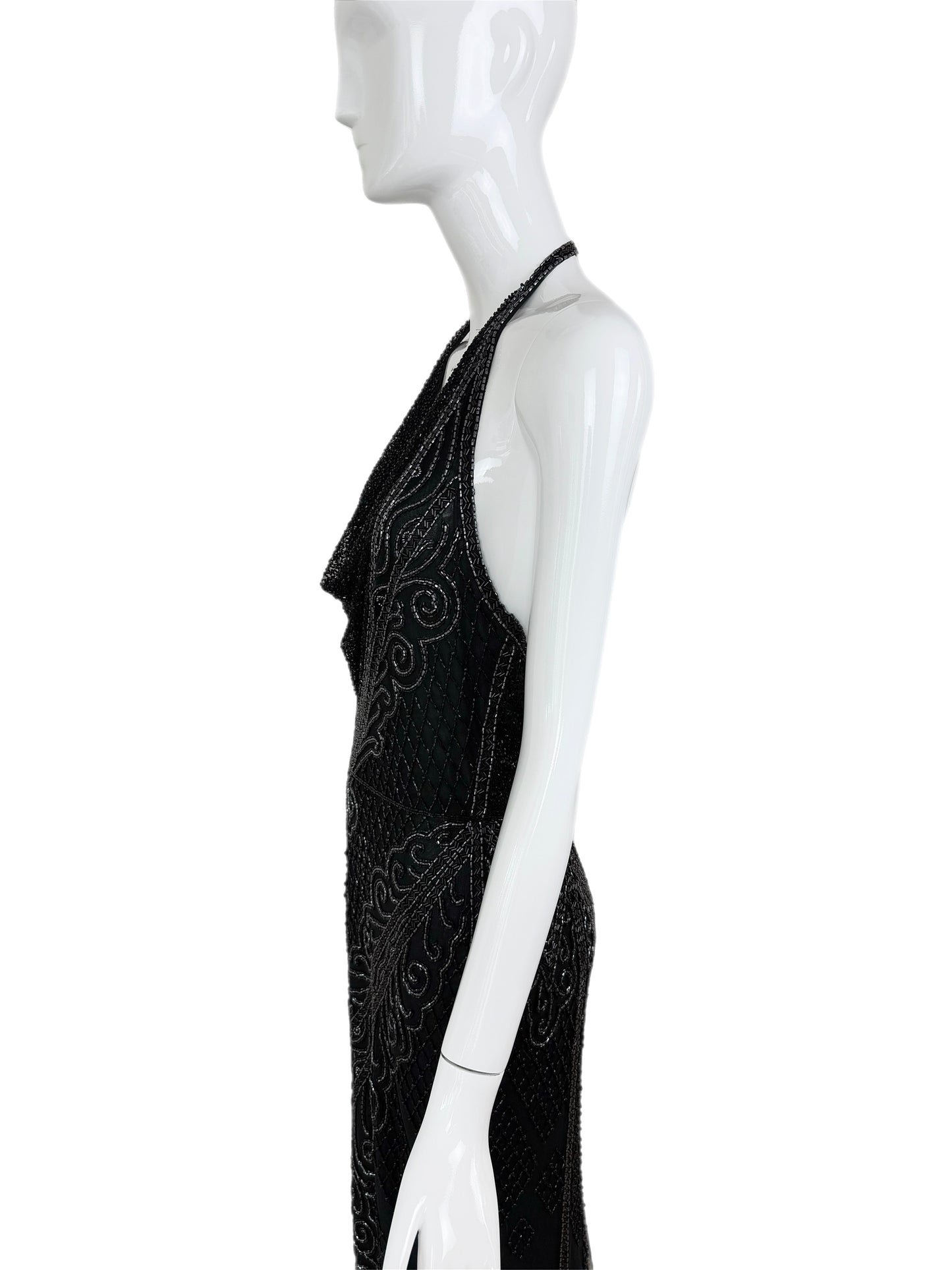 BOB MACKIE Vintage Heavily Beaded Cowl Neck Open Back Evening Gown