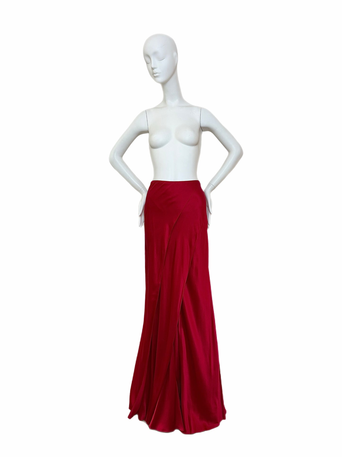 ROBERT DANES Red Liquid Silk Layered Bias Cut Maxi Skirt