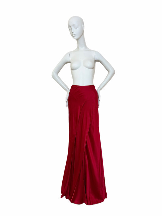 ROBERT DANES Red Liquid Silk Layered Bias Cut Maxi Skirt