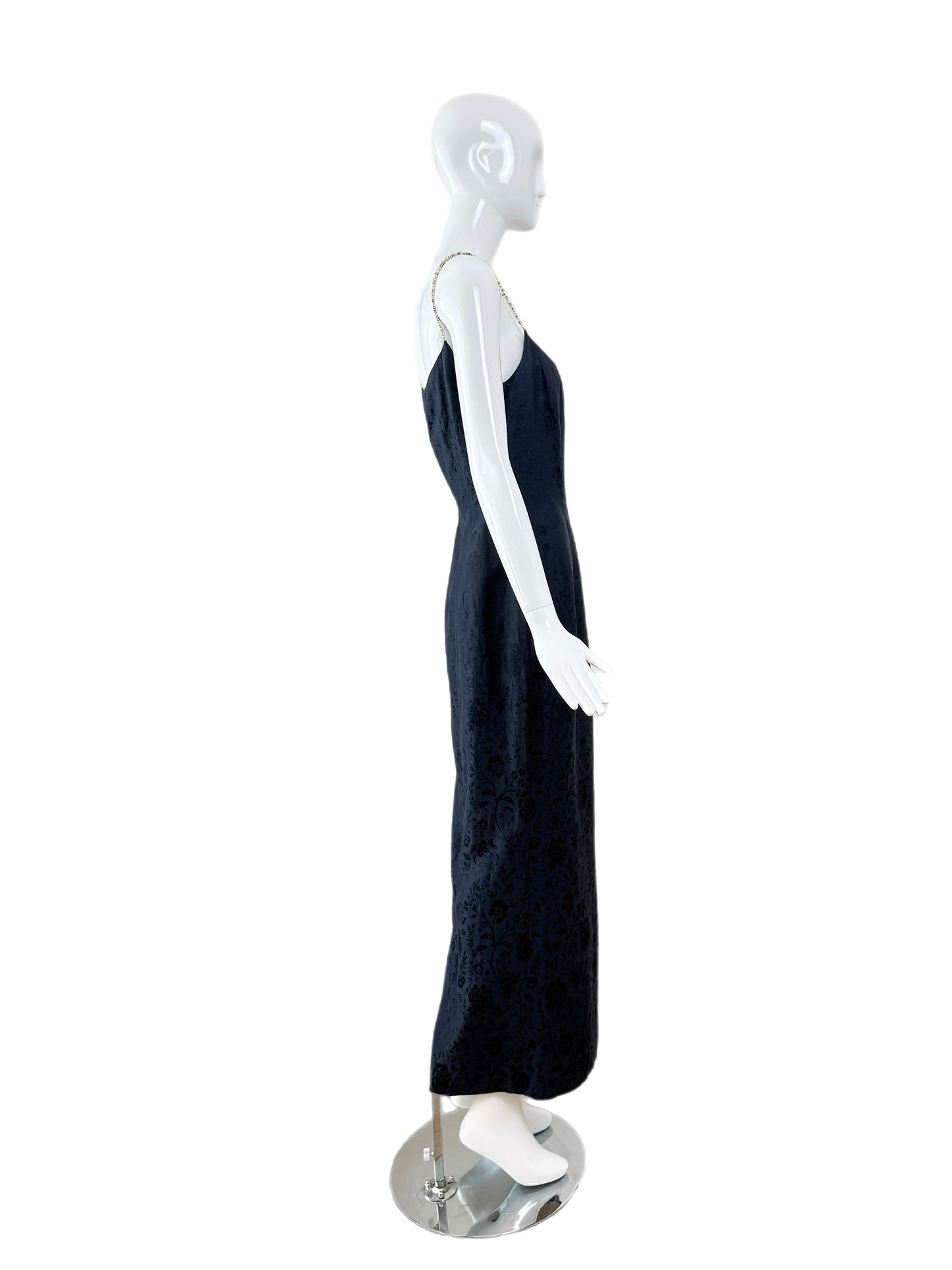 DIOR by JOHN GALLIANO 1998 Vintage Runway Blue Floral Evening Gown w. Ivory Interior + Pearl Straps
