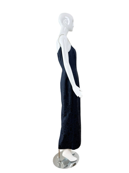 DIOR by JOHN GALLIANO 1998 Vintage Runway Blue Floral Evening Gown w. Ivory Interior + Pearl Straps