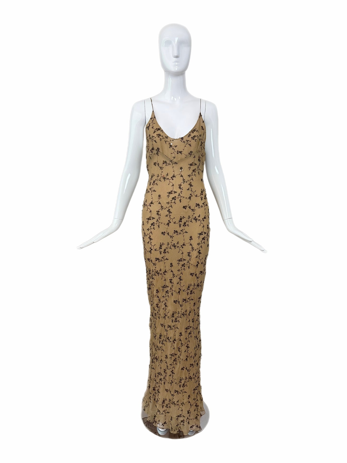MARIA GRACHVOGEL Vintage Silk Tan Floral Embroidered Sequin Slip Gown