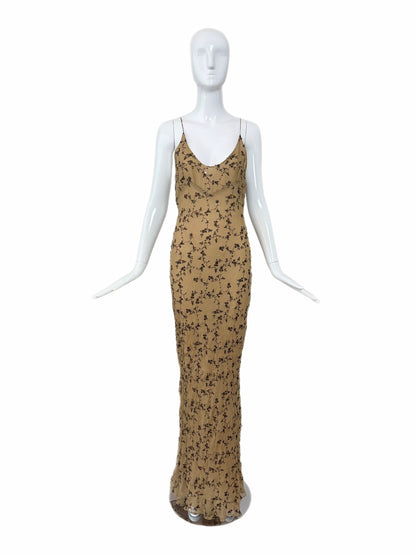 MARIA GRACHVOGEL Vintage Silk Tan Floral Embroidered Sequin Slip Gown