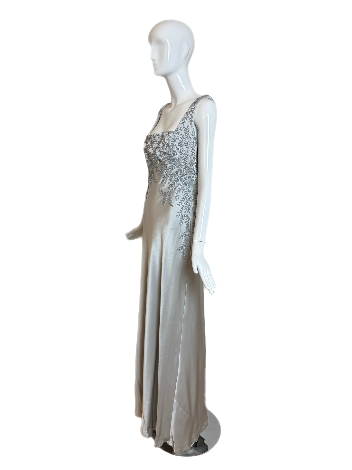 CARMEN MARC VALVO 90's Vintage Silver Beaded Evening Gown