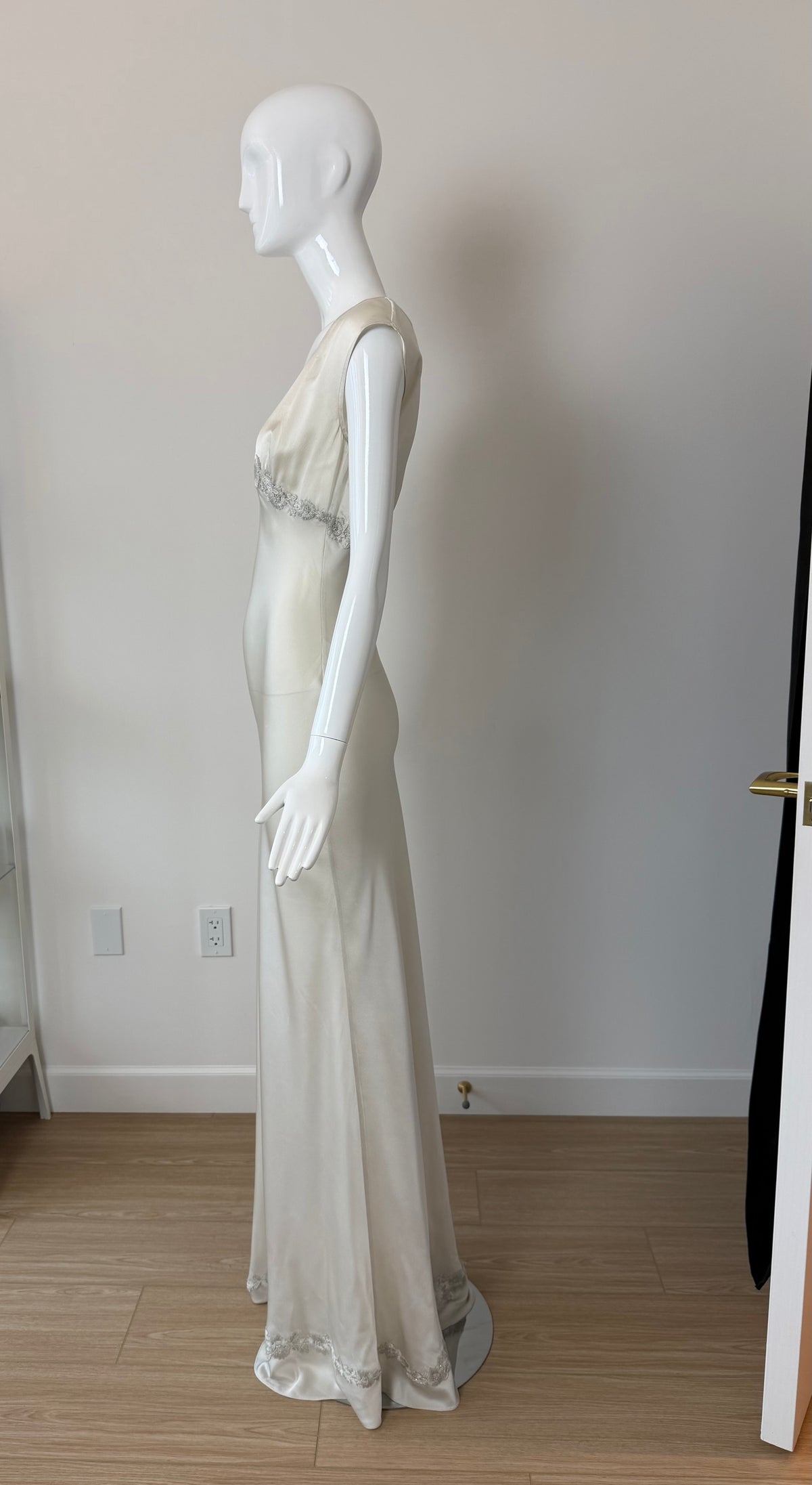 LES HABITUDES 90's Vintage Silver Grey Satin Floral Hand Beaded Antique Look Slip Gown