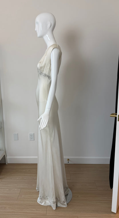 LES HABITUDES 90's Vintage Silver Grey Satin Floral Hand Beaded Antique Look Slip Gown