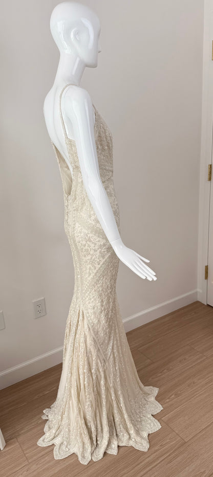 LES HABITUDES 90's Vintage Couture Ivory Iridescent Silk Hand-Beaded Evening Gown