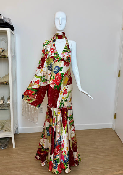 SUE WONG 2005 Vintage Runway Silk Beaded Gown w. Shawl