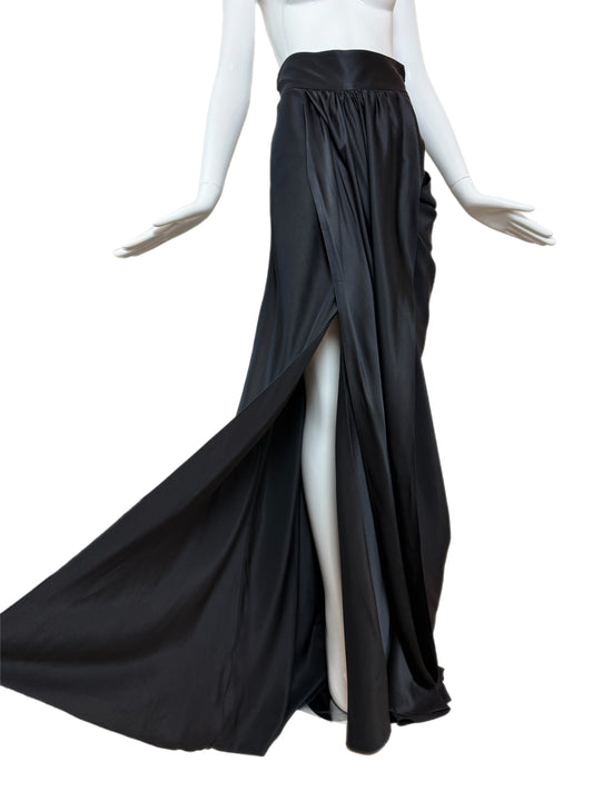MONIQUE LHUILLIER Vintage 100% Silk Black Draped Maxi Skirt