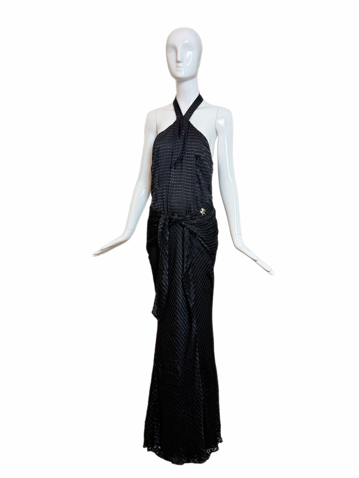 GALLIANO Vintage Black Silk Blend Textured Jacquard Halter Neck Evening Gown