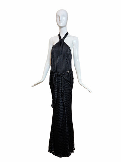 GALLIANO Vintage Black Silk Blend Textured Jacquard Halter Neck Evening Gown