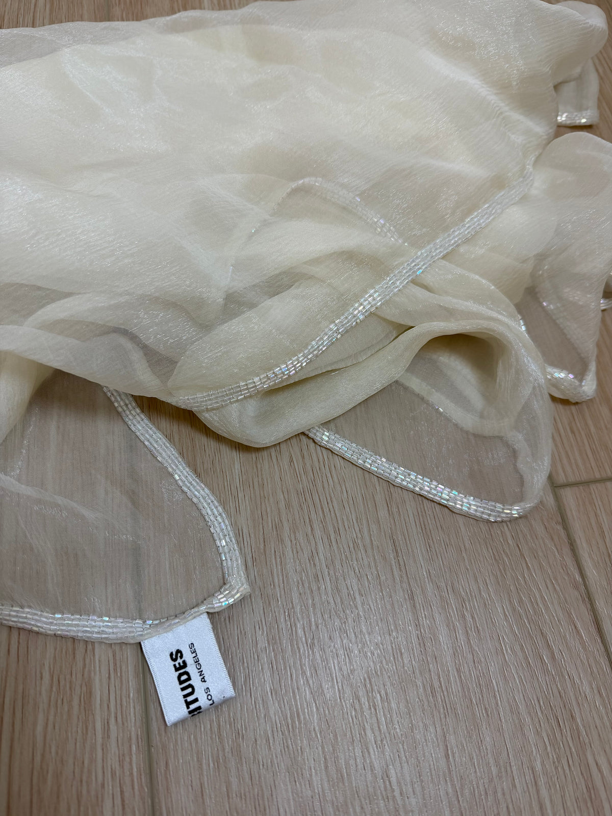 LES HABITUDES 90's Vintage Ivory Iridescent Silk Chiffon Shawl w. Iridescent White Glass Beads