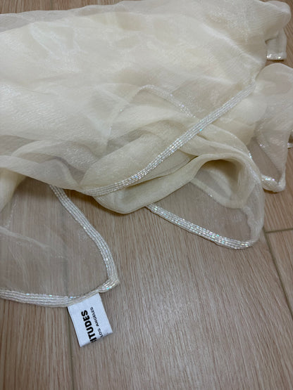 LES HABITUDES 90's Vintage Ivory Iridescent Silk Chiffon Shawl w. Iridescent White Glass Beads