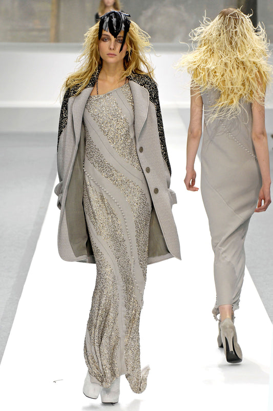 NINA RICCI 2008 Vintage Runway Embellished Bias Cut Grey Evening Gown