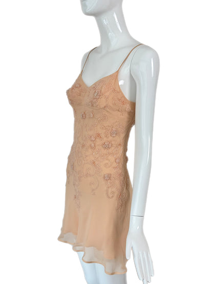 ALBERTA FERRETTI 90's Vintage Beaded Peach Silk Slip Mini Dress