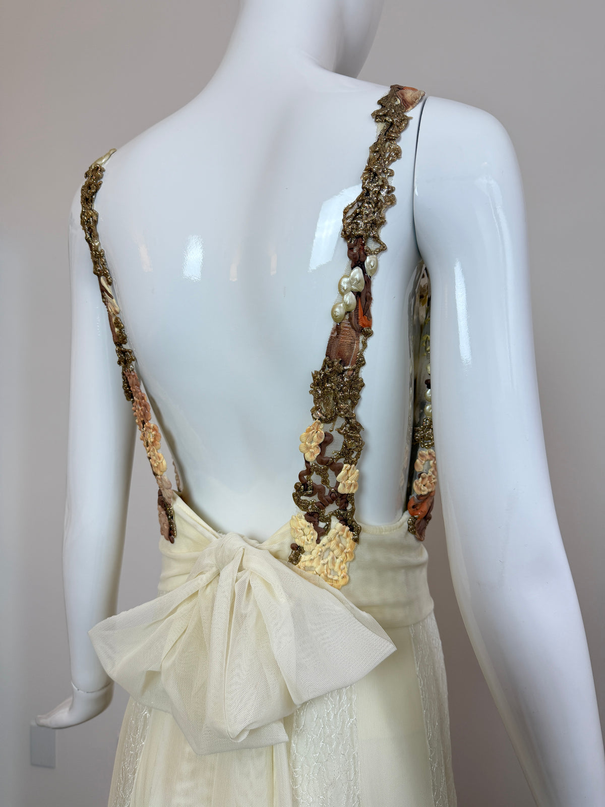 Ema Savahl Couture Hand Painted Ivory Pleated Lace Backless Gown