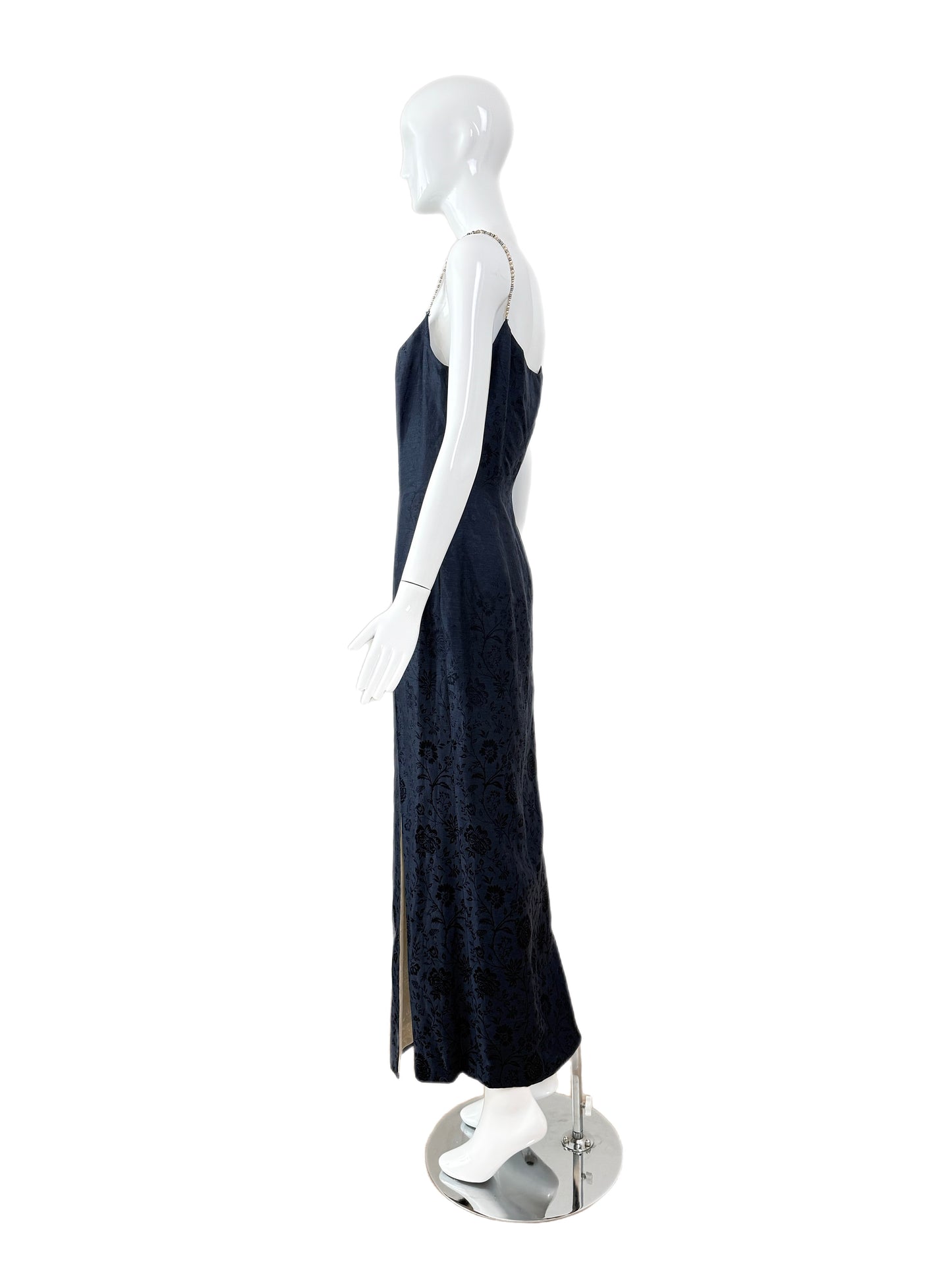 DIOR by JOHN GALLIANO 1998 Vintage Runway Blue Floral Evening Gown w. Ivory Interior + Pearl Straps