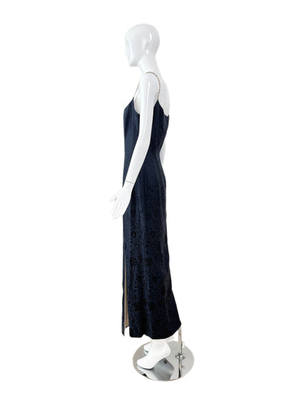 DIOR by JOHN GALLIANO 1998 Vintage Runway Blue Floral Evening Gown w. Ivory Interior + Pearl Straps