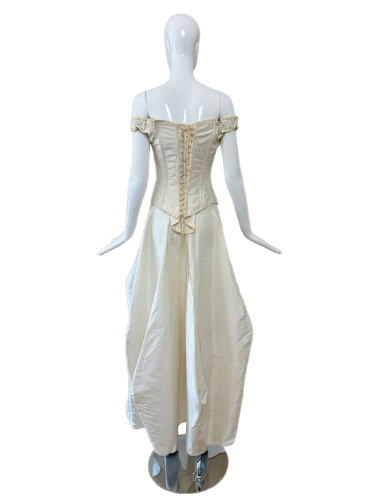 KAAT TILLEY 90's Vintage Ivory Raw Silk Corset, Skirt, & Wrap Wedding Ensemble