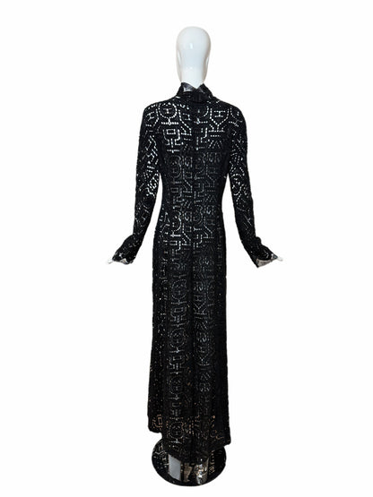 Danes Vintage Black Crochet Dramatic Floor Length Long Sleeve Jacket