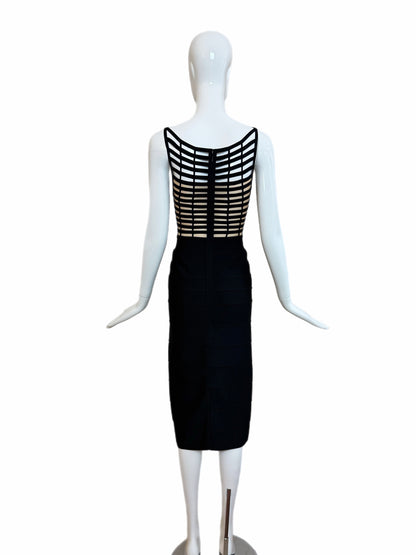 HERVE LEGER 1999 Vintage Runway Style Black + Nude Bodycon Dress