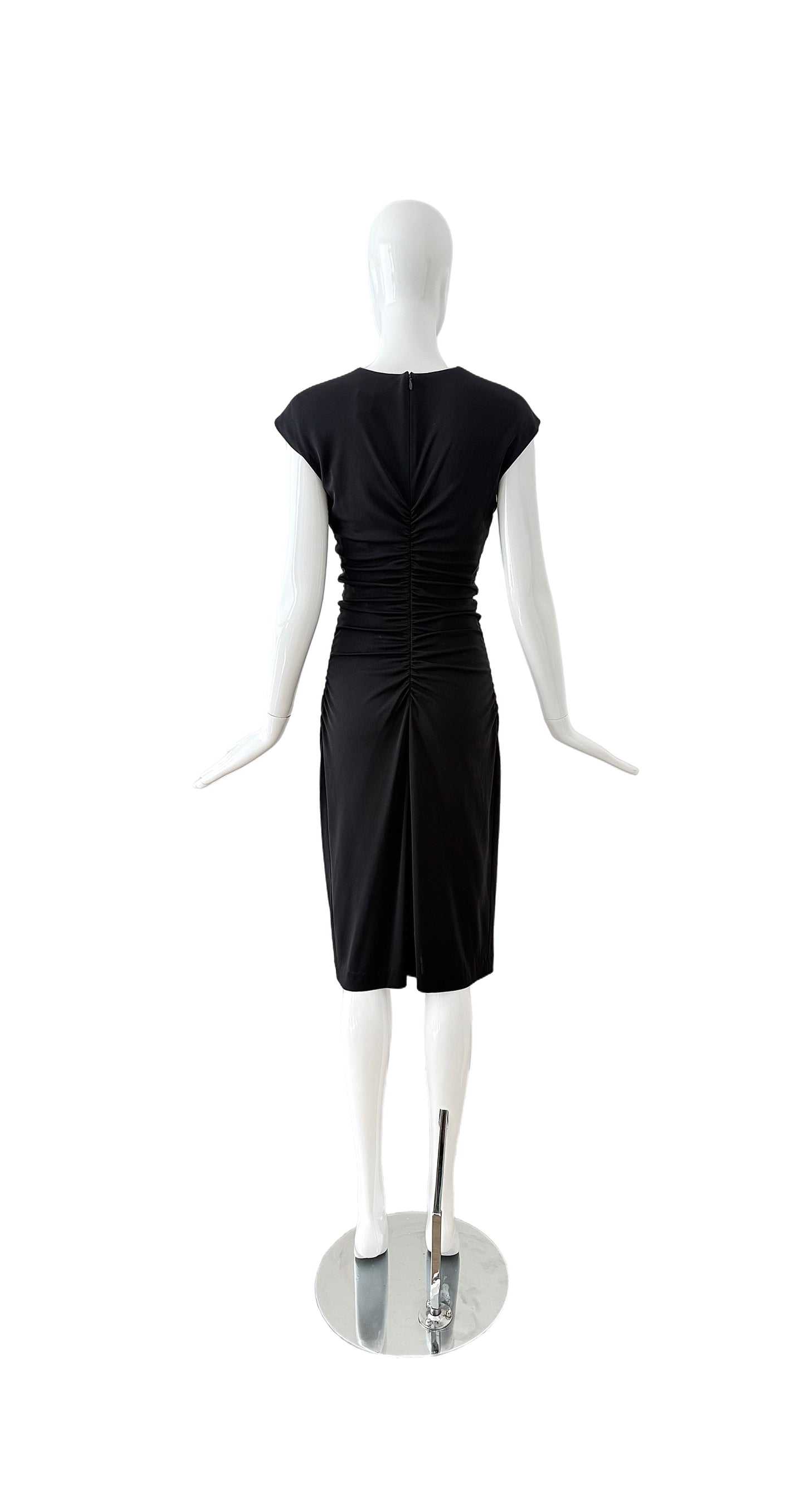 HALSTON 2001 Vintage Black Ruched Deep V Knee Length Dress