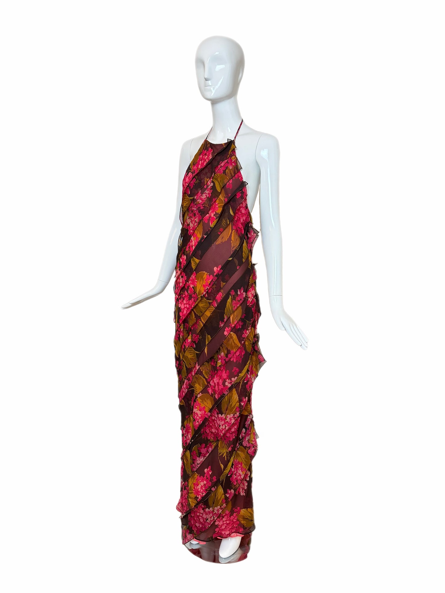 VERA WANG 2000 Vintage Silk Floral Ruffle Halter Evening Gown