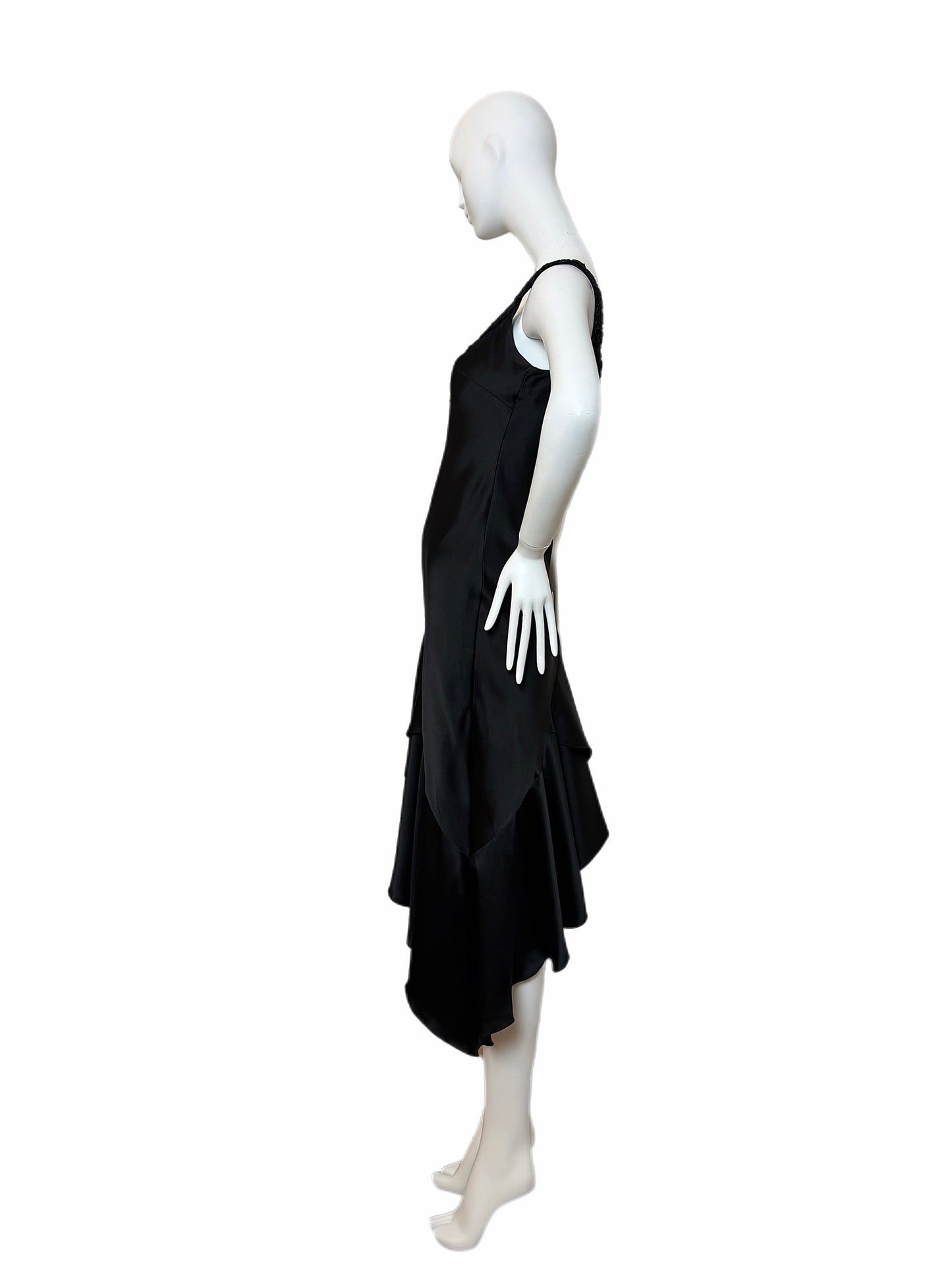 VINTAGE 90's Black Silk Floral Embroidered Handkerchief Asymmetrical Dress
