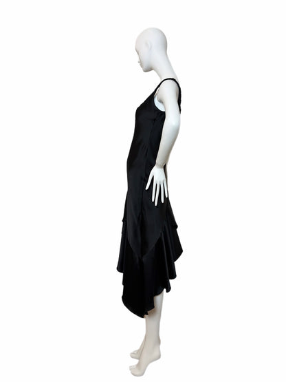 VINTAGE 90's Black Silk Floral Embroidered Handkerchief Asymmetrical Dress