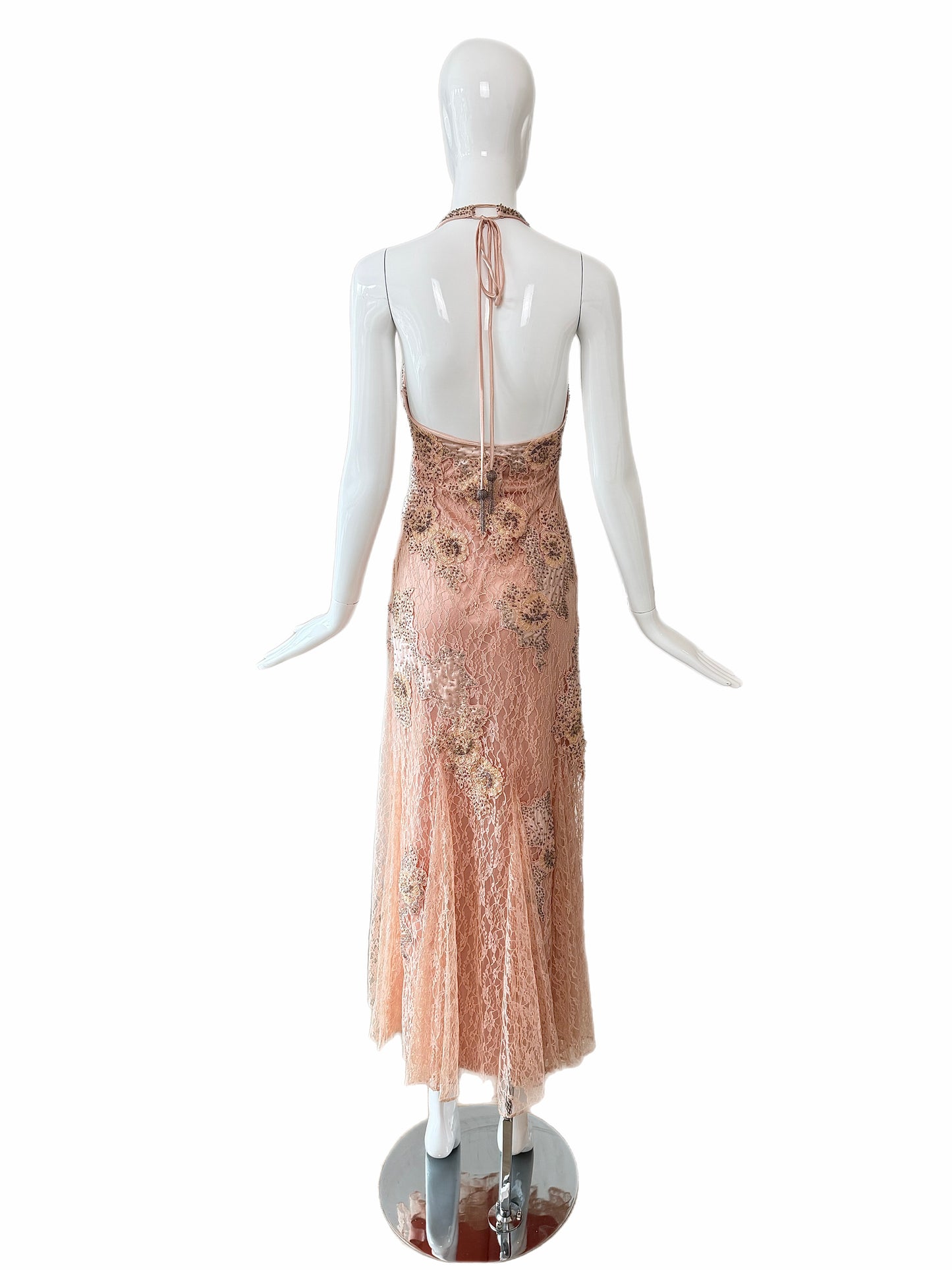 SUE WONG 2000's Vintage Peachy Pink Lace Embellished Maxi Dress