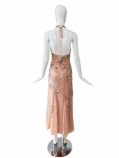 SUE WONG 2000's Vintage Peachy Pink Lace Embellished Maxi Dress
